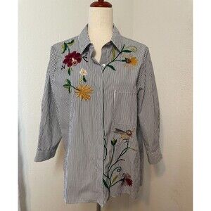 Olivia & Grace Black Striped Button Up Shirt Floral Hummingbird Embroidery Large